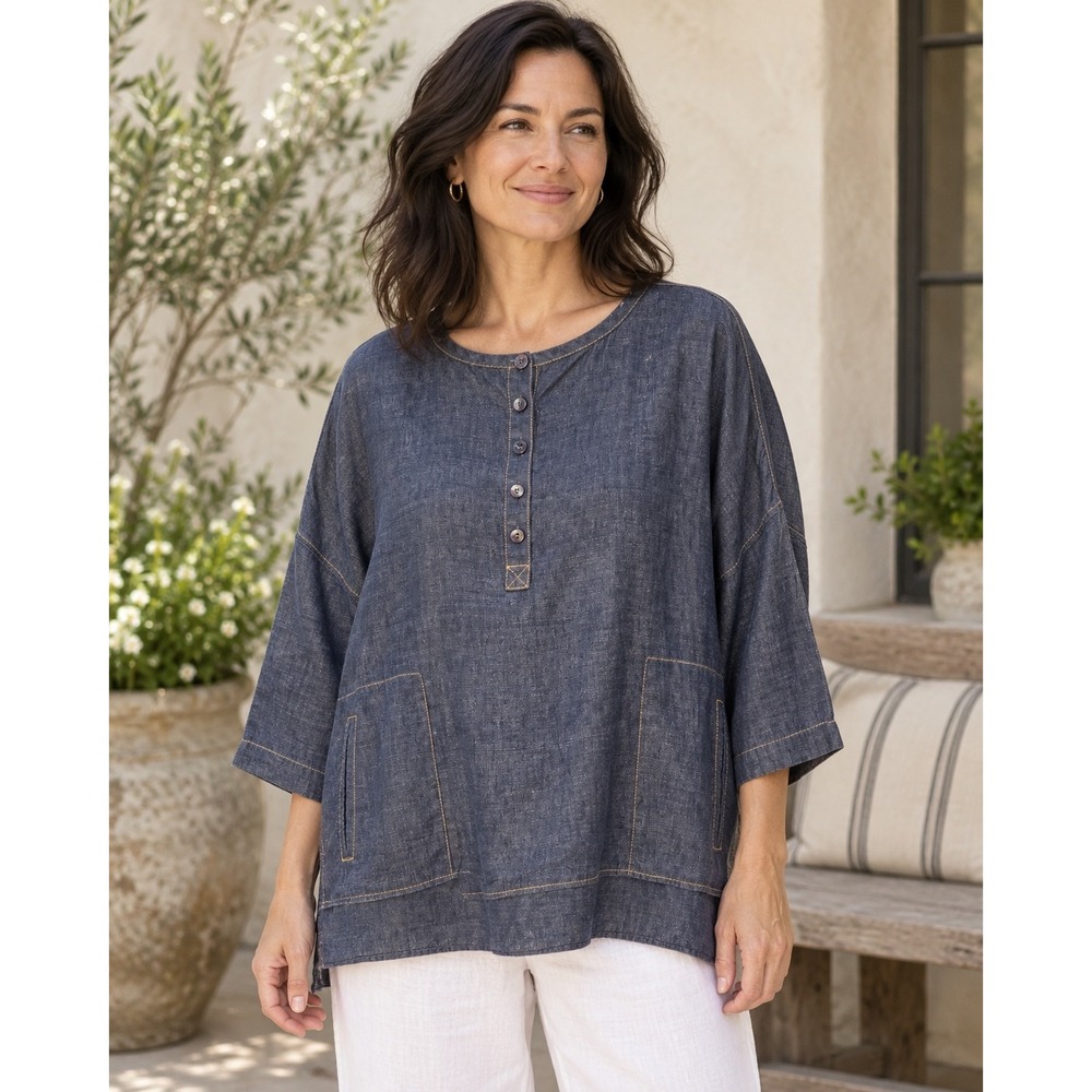 Eileen Fisher XS 100% Linen Denim Henley Top Oversized Pockets 3/4 Sleeve
